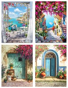 gemzono 4 pack paint by numbers for adults without frame, diy oil painting set for beginner, scenery canvas for home wall decor arts (12x16 inch/ 30x40cm)