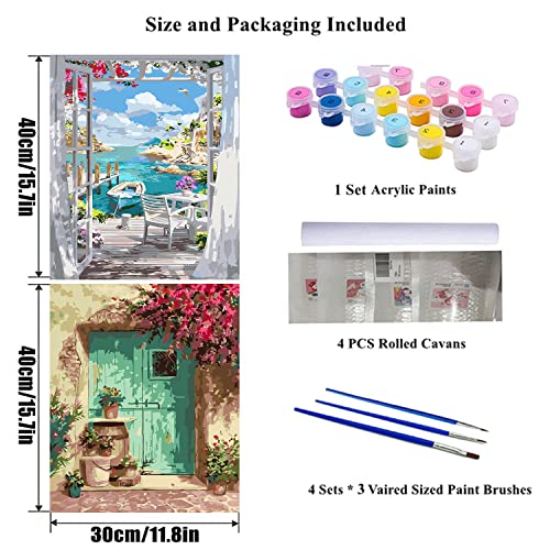 GemZono 4 Pack Paint by Numbers for Adults Without Frame, DIY Oil Painting Set for Beginner, Scenery Canvas for Home Wall Decor Arts (12X16 inch/ 30X40cm)