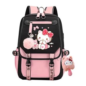 coxqermo cute cool backpack for girls, kawaii cartoon backpack with plush pendant,middle school students bookbag daypack with usb charge port