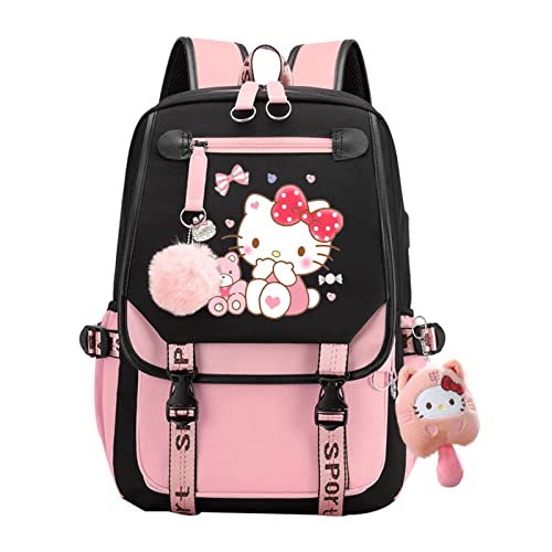 coxqermo Cute Cool Backpack for Girls, Kawaii Cartoon Backpack with Plush Pendant,Middle School Students Bookbag Daypack with USB Charge Port