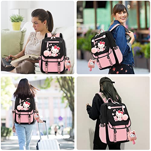 coxqermo Cute Cool Backpack for Girls, Kawaii Cartoon Backpack with Plush Pendant,Middle School Students Bookbag Daypack with USB Charge Port