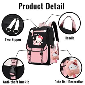 coxqermo Cute Cool Backpack for Girls, Kawaii Cartoon Backpack with Plush Pendant,Middle School Students Bookbag Daypack with USB Charge Port