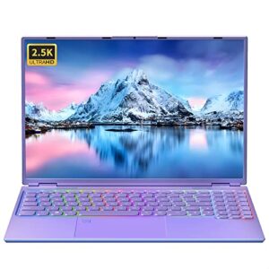 【win 11 pro/office 2019】 16" laptop ultra-narrow bezels 2.5k fhd(2560x1600) ips screen, celeron n5095, 12g ram, 1tb ssd, color backlit kb, fingerprint reader, wifi, type-c, hdmi(12g+1t ssd, purple)