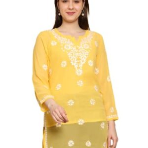 Ada Indian Handcrafted Chikankari Yellow Georgette Kurti Top Tunic with inner for Women A911304 (L)