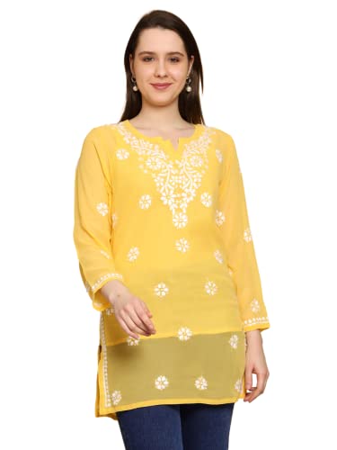 Ada Indian Handcrafted Chikankari Yellow Georgette Kurti Top Tunic with inner for Women A911304 (L)