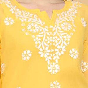 Ada Indian Handcrafted Chikankari Yellow Georgette Kurti Top Tunic with inner for Women A911304 (L)