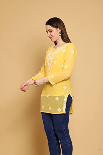 Ada Indian Handcrafted Chikankari Yellow Georgette Kurti Top Tunic with inner for Women A911304 (L)