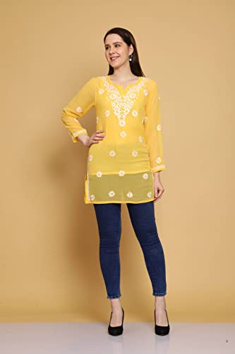 Ada Indian Handcrafted Chikankari Yellow Georgette Kurti Top Tunic with inner for Women A911304 (L)