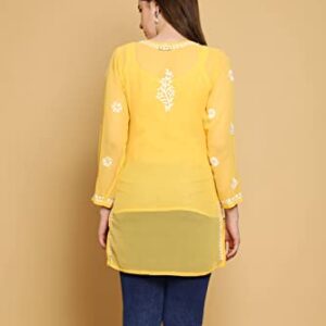 Ada Indian Handcrafted Chikankari Yellow Georgette Kurti Top Tunic with inner for Women A911304 (L)