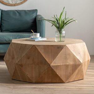 ssline drum-shape wood coffee table with diamond pattern farmhouse round cocktail table creative rustic center table with for living room (natural brown - 38.2"x31.5"x16.3"h)