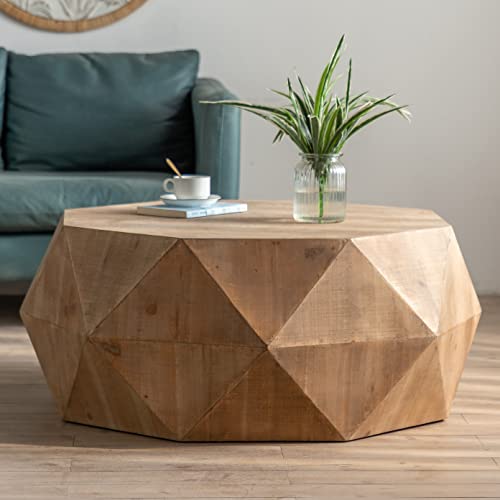 SSLine Drum-Shape Wood Coffee Table with Diamond Pattern Farmhouse Round Cocktail Table Creative Rustic Center Table with for Living Room (Natural Brown - 38.2"x31.5"x16.3"H)