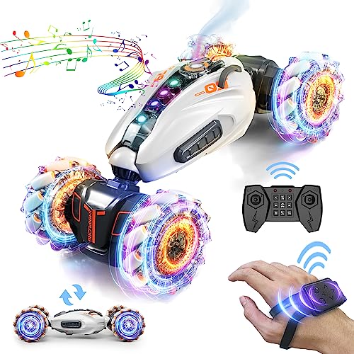 Gesture Sensing RC Stunt Car,2.4GHz 4WD Remote Control Toy Car,Double Sided Driving,360 °Rotation,Off Road Vehicle,Hand Controlled RC Car with Lights&Music, Birthday Gifts for 6-12 yr Boys&Girls(Gray)