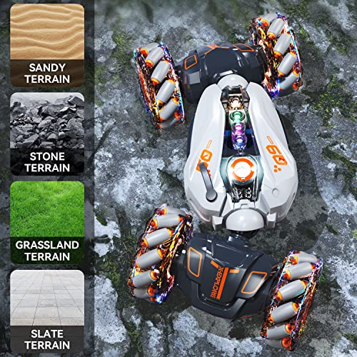 Gesture Sensing RC Stunt Car,2.4GHz 4WD Remote Control Toy Car,Double Sided Driving,360 °Rotation,Off Road Vehicle,Hand Controlled RC Car with Lights&Music, Birthday Gifts for 6-12 yr Boys&Girls(Gray)