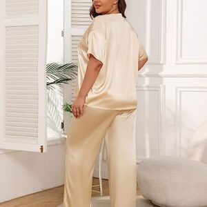 Ekouaer Women Plus Size Pajamas Silk Satin Pajama Pants Set Pjs for Women Satin Loungewear Sleepwear Lounge Set Champagne 18W