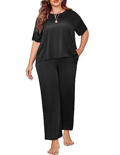 Ekouaer Womens Plus Size Silk Pajama for Women Silk Satin Set Two Piece Short Sleeve Sleepwear Pajamas 3x Sleepwear for Women Plus Size Black 22W