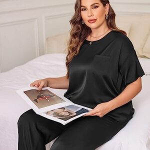 Ekouaer Womens Plus Size Silk Pajama for Women Silk Satin Set Two Piece Short Sleeve Sleepwear Pajamas 3x Sleepwear for Women Plus Size Black 22W