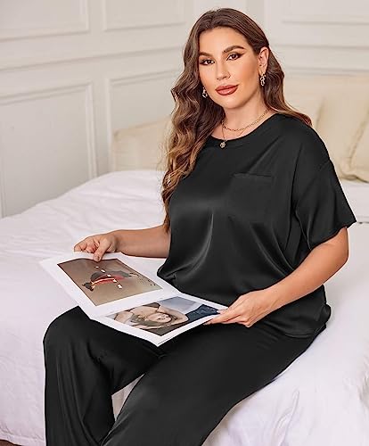 Ekouaer Womens Plus Size Silk Pajama for Women Silk Satin Set Two Piece Short Sleeve Sleepwear Pajamas 3x Sleepwear for Women Plus Size Black 22W