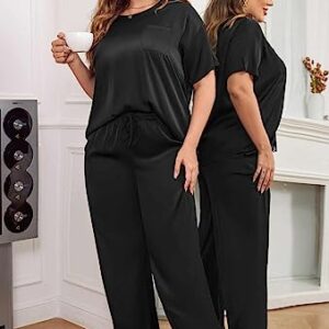 Ekouaer Womens Plus Size Silk Pajama for Women Silk Satin Set Two Piece Short Sleeve Sleepwear Pajamas 3x Sleepwear for Women Plus Size Black 22W