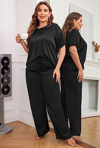 Ekouaer Womens Plus Size Silk Pajama for Women Silk Satin Set Two Piece Short Sleeve Sleepwear Pajamas 3x Sleepwear for Women Plus Size Black 22W