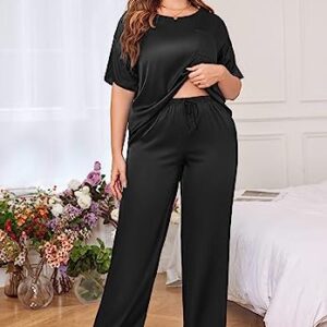 Ekouaer Womens Plus Size Silk Pajama for Women Silk Satin Set Two Piece Short Sleeve Sleepwear Pajamas 3x Sleepwear for Women Plus Size Black 22W