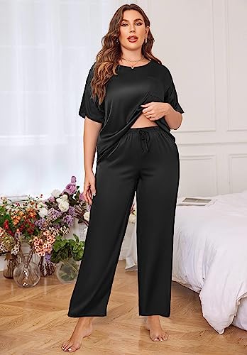 Ekouaer Womens Plus Size Silk Pajama for Women Silk Satin Set Two Piece Short Sleeve Sleepwear Pajamas 3x Sleepwear for Women Plus Size Black 22W