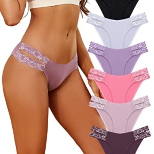 FINETOO Seamless Underwear for Women Cheeky Bikini Panties High Cut V-waist Lace Underwear Women Cute Bikinis 6 Pack