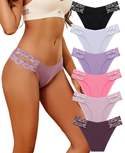 FINETOO Seamless Underwear for Women Cheeky Bikini Panties High Cut V-waist Lace Underwear Women Cute Bikinis 6 Pack