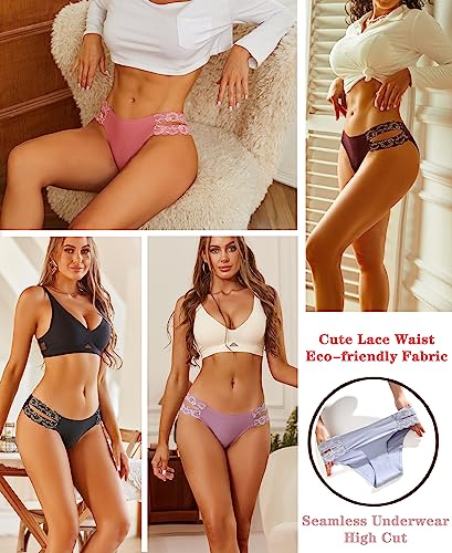 FINETOO Seamless Underwear for Women Cheeky Bikini Panties High Cut V-waist Lace Underwear Women Cute Bikinis 6 Pack