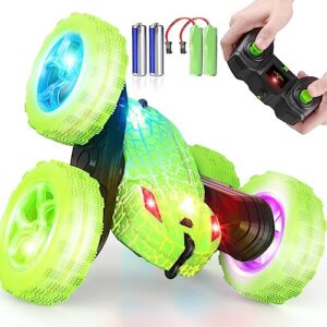 orrenteremote rc cars, remote control car with wheel lights and headlights, double sided 360° rotating rc car, 4wd rc truck for 6 year old boy gifts 2.4ghz stunt kids toy car for boys girls (green)