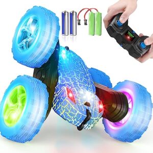 remote control car, orrenteremote rc cars with headlights and wheel lights, 4wd 2.4ghz double sided 360° rotating rc truck for 6 year old boy gifts stunt rc car kids xmas toy cars for boys girls(blue)