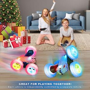 Remote Control Car, OrrenteRemote RC Cars with Headlights and Wheel Lights, 4WD 2.4Ghz Double Sided 360° Rotating RC Truck for 6 Year Old Boy Gifts Stunt RC Car Kids Xmas Toy Cars for Boys Girls(Blue)