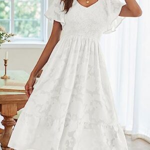 MEROKEETY Womens 2023 Summer V Neck Ruffle Sleeve Floral Dress Lace Flowy Smocked Midi Dresses,White,S