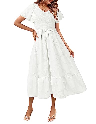 MEROKEETY Womens 2023 Summer V Neck Ruffle Sleeve Floral Dress Lace Flowy Smocked Midi Dresses,White,S