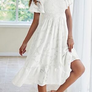 MEROKEETY Womens 2023 Summer V Neck Ruffle Sleeve Floral Dress Lace Flowy Smocked Midi Dresses,White,S