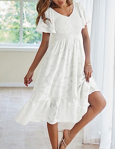 MEROKEETY Womens 2023 Summer V Neck Ruffle Sleeve Floral Dress Lace Flowy Smocked Midi Dresses,White,S