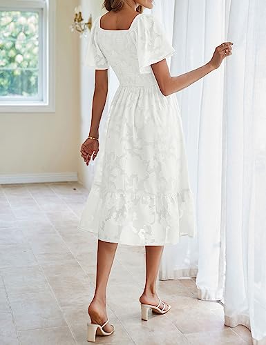 MEROKEETY Womens 2023 Summer V Neck Ruffle Sleeve Floral Dress Lace Flowy Smocked Midi Dresses,White,S