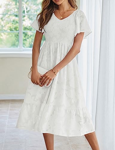 MEROKEETY Womens 2023 Summer V Neck Ruffle Sleeve Floral Dress Lace Flowy Smocked Midi Dresses,White,S