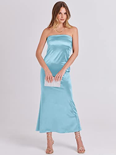 ANRABESS Women's Summer 2023 Satin Cocktail Party Maxi Dress Sexy Cutout Strapless Bodycon Corset Elegant Evening Gown Wedding Guest Fall Trending Club Maxi Dresses 941danlan-S Light Blue