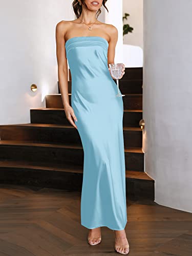 ANRABESS Women's Summer 2023 Satin Cocktail Party Maxi Dress Sexy Cutout Strapless Bodycon Corset Elegant Evening Gown Wedding Guest Fall Trending Club Maxi Dresses 941danlan-S Light Blue