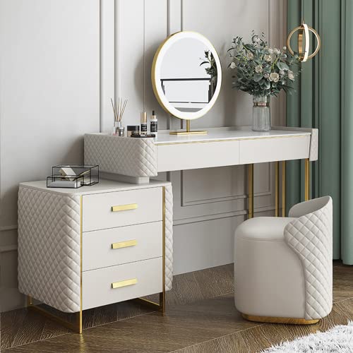 Anwickhomk Dresser Table, Vanity Corner Makeup Table Set Women Makeup,Mirror with LED Lights Desk and Chair,Modern Dressing Table Sintered Stone, with Stool, 5 Pine Wood Drawers,47.24'' White