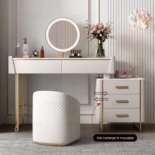 Anwickhomk Dresser Table, Vanity Corner Makeup Table Set Women Makeup,Mirror with LED Lights Desk and Chair,Modern Dressing Table Sintered Stone, with Stool, 5 Pine Wood Drawers,47.24'' White