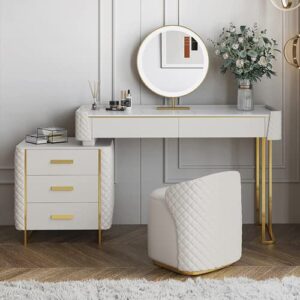 Anwickhomk Dresser Table, Vanity Corner Makeup Table Set Women Makeup,Mirror with LED Lights Desk and Chair,Modern Dressing Table Sintered Stone, with Stool, 5 Pine Wood Drawers,47.24'' White