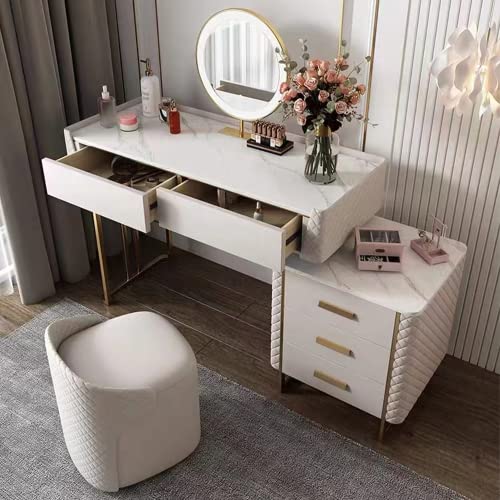 Anwickhomk Dresser Table, Vanity Corner Makeup Table Set Women Makeup,Mirror with LED Lights Desk and Chair,Modern Dressing Table Sintered Stone, with Stool, 5 Pine Wood Drawers,47.24'' White