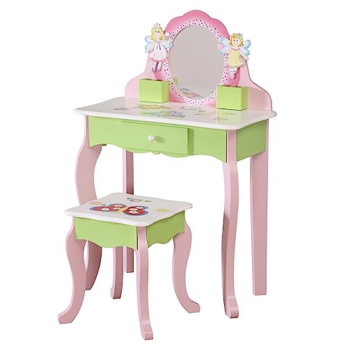 HILIROOM Kids Vanity Set with Mirror and Stool, Girls Makeup Vanity Wooden Dressing Table with Drawer, Princess Vanity Table and Chair Set, Pretend Play Vanity Set for Little Girls