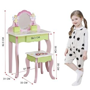 HILIROOM Kids Vanity Set with Mirror and Stool, Girls Makeup Vanity Wooden Dressing Table with Drawer, Princess Vanity Table and Chair Set, Pretend Play Vanity Set for Little Girls