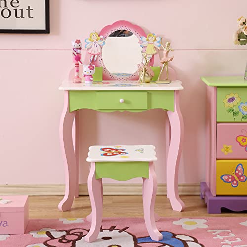 HILIROOM Kids Vanity Set with Mirror and Stool, Girls Makeup Vanity Wooden Dressing Table with Drawer, Princess Vanity Table and Chair Set, Pretend Play Vanity Set for Little Girls