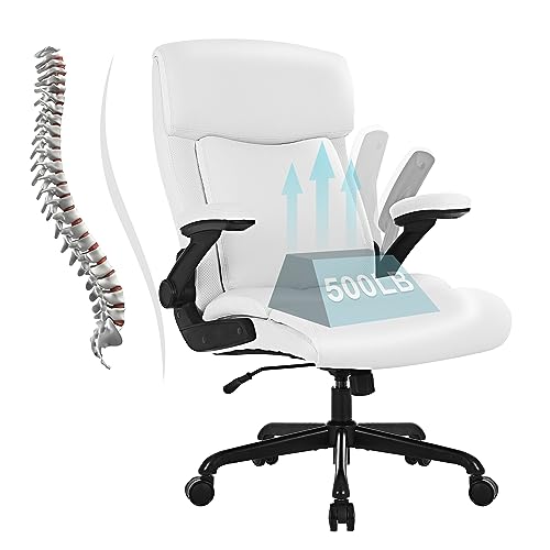 Executive Office Chair, Big and Tall Office Chair 500lbs for Heavy People Ergonomic High Back Leather Executive Office Chair with Flip-up Armrests and Adjustable Height Office Chair （White）