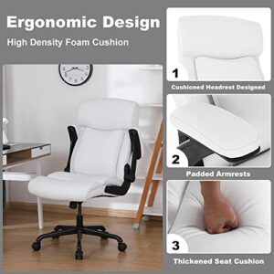 Executive Office Chair, Big and Tall Office Chair 500lbs for Heavy People Ergonomic High Back Leather Executive Office Chair with Flip-up Armrests and Adjustable Height Office Chair （White）