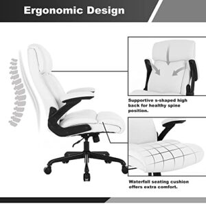 Executive Office Chair, Big and Tall Office Chair 500lbs for Heavy People Ergonomic High Back Leather Executive Office Chair with Flip-up Armrests and Adjustable Height Office Chair （White）