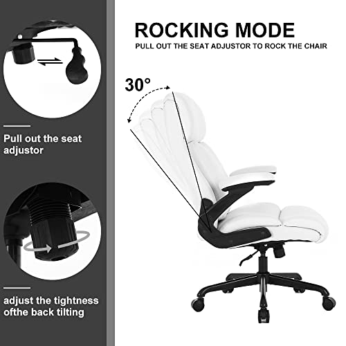 Executive Office Chair, Big and Tall Office Chair 500lbs for Heavy People Ergonomic High Back Leather Executive Office Chair with Flip-up Armrests and Adjustable Height Office Chair （White）